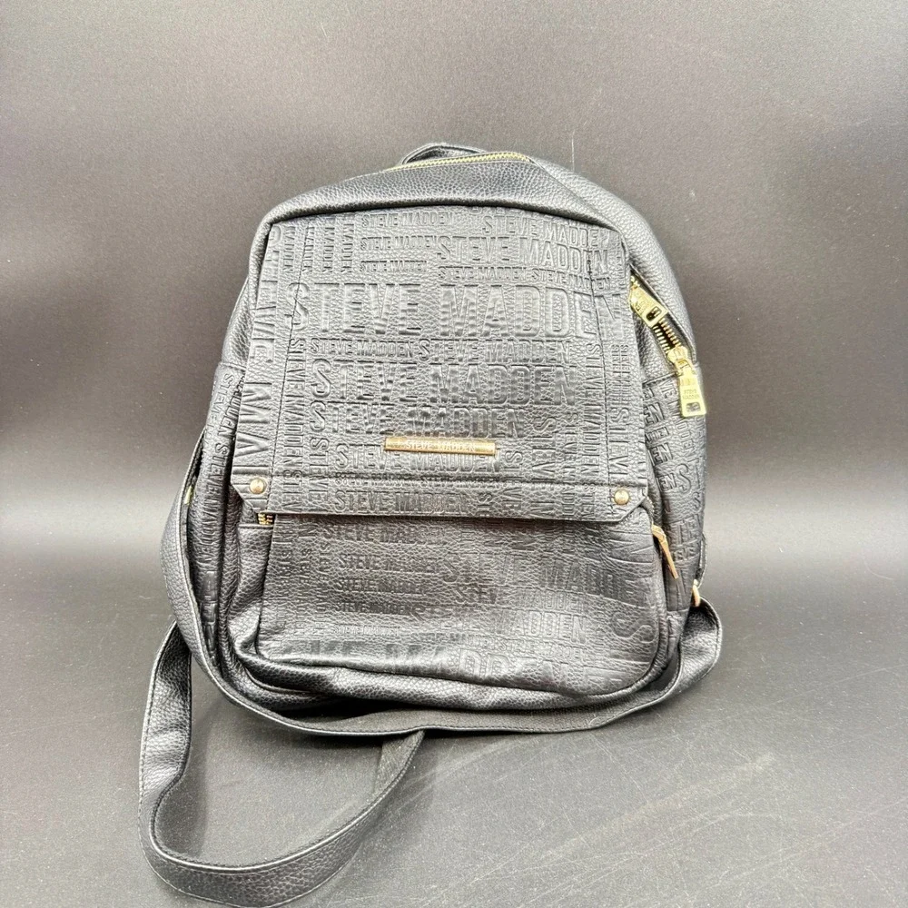 Steve Madden Black Pebbled Leather Mini Backpack Logo Embossed Gold Hardware